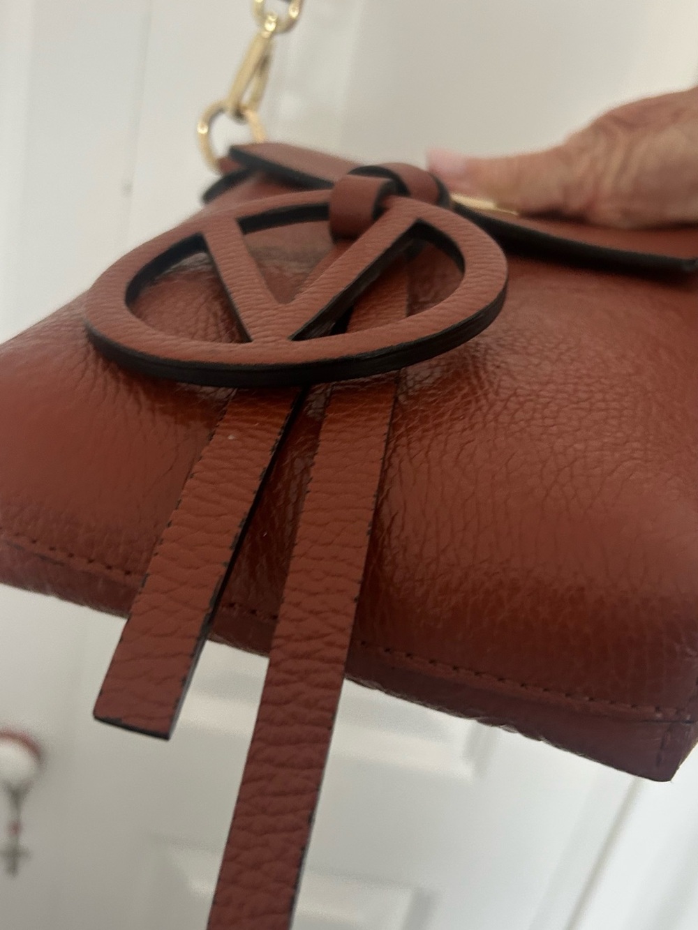 Valentino By Mario Valentino Cognac Leather Crossbody Phone Bag with Logo Charm - Picture 5 of 15